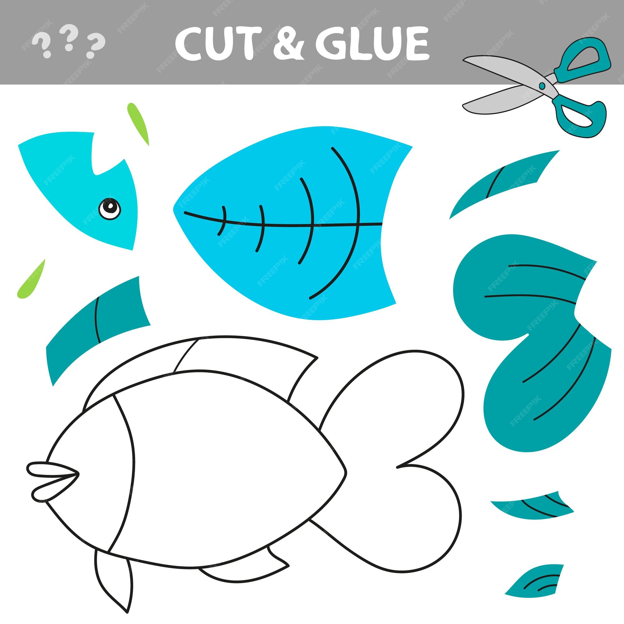 Cortar y pegar: juego sencillo para niños. juego de papel para niños. niño simple con pescado | Vector Premium Cortar y pegar: juego sencillo para niños. juego de papel para niños. niño simple con pescado | Vector Premium