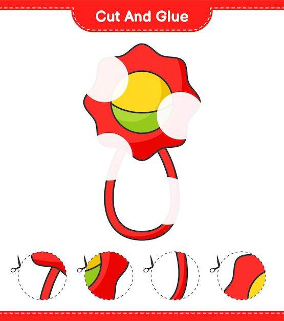 Cortar y pegar partes cortadas de baby rattle y pegarlas hoja de trabajo imprimible del juego educativo para niños