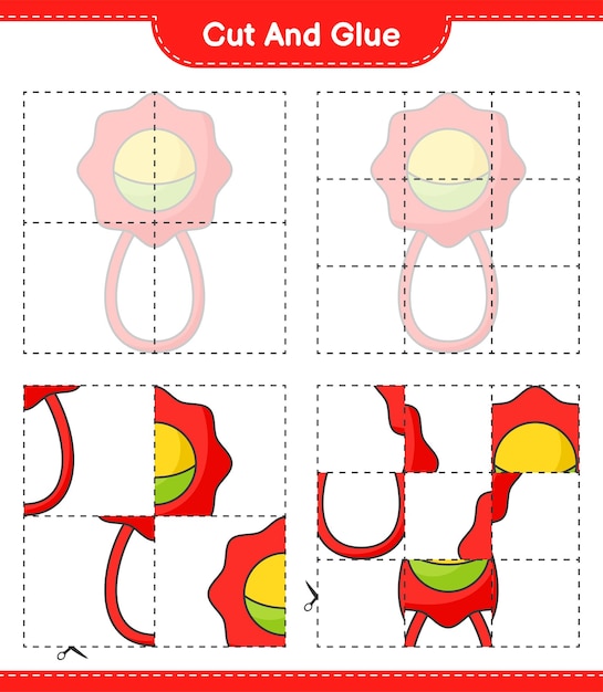 Cortar y pegar partes cortadas de baby rattle y pegarlas hoja de trabajo imprimible del juego educativo para niños