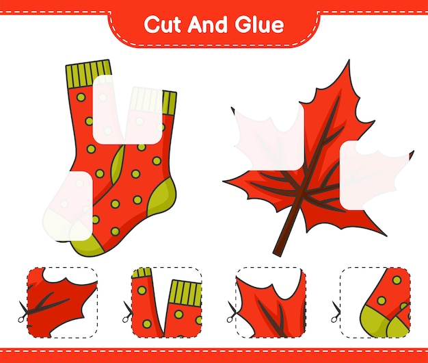 Cortar y pegar partes cortadas de la hoja de trabajo imprimible del juego educativo para niños socks and maple leaf