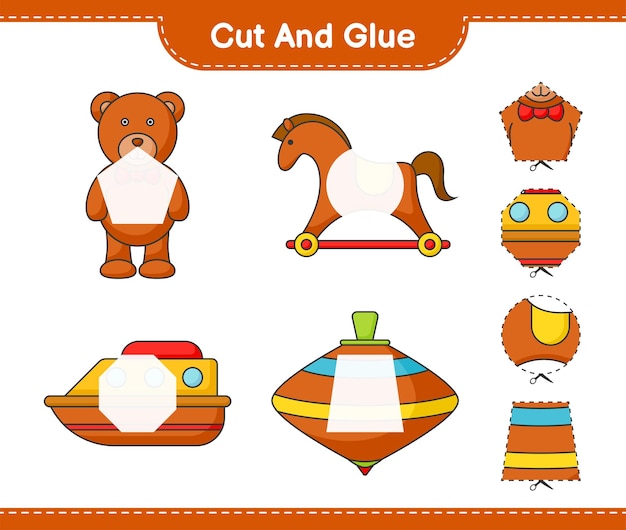 Vector cortar y pegar partes cortadas de teddy bear rocking horse boat whirligig toy y pegarlas