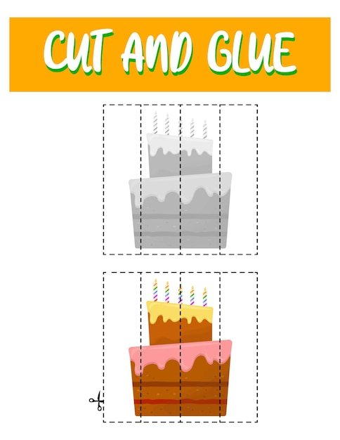 Cortar y pegar pastel Juego educativo para niños Ficha imprimibleRompecabezas con comida
