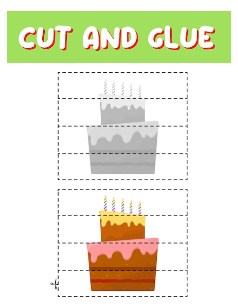Cortar y pegar pastel Juego educativo para niños Ficha imprimibleRompecabezas con comida