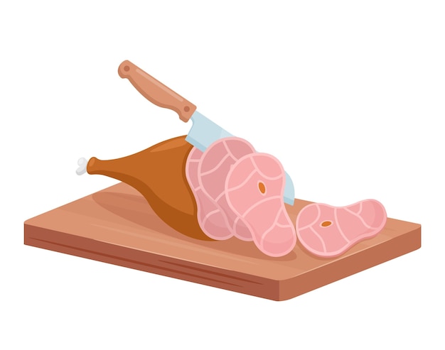 Cortar productos cárnicos para carnicería chef isométrico cuchillo de carnicero rebanar pierna de cerdo ahumado