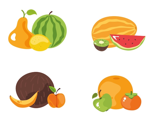 Vector cortar rebanadas enteras y medias frutas conjunto aislado ilustración de diseño gráfico de dibujos animados planos