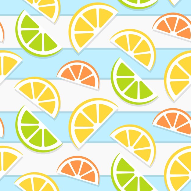 Cortar rebanadas de limón naranja y lima en fondo blanco a rayas y azul patrón sin costuras vectorial