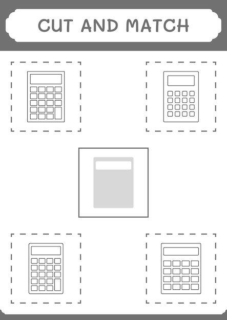 Cortar y unir partes del juego Calculadora para niños Hoja de trabajo imprimible de ilustración vectorial