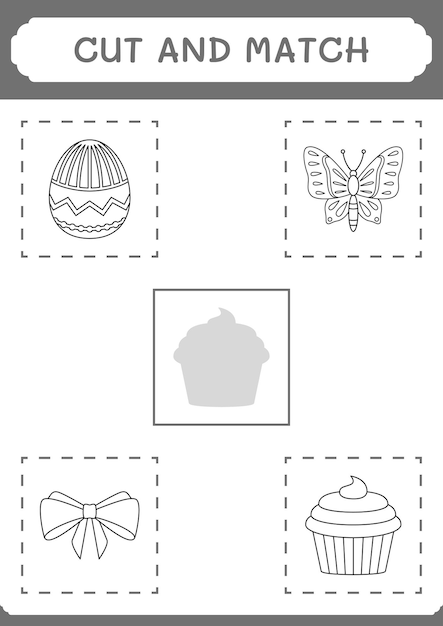 Cortar y unir partes del juego cupcake para niños hoja de trabajo imprimible de ilustración vectorial