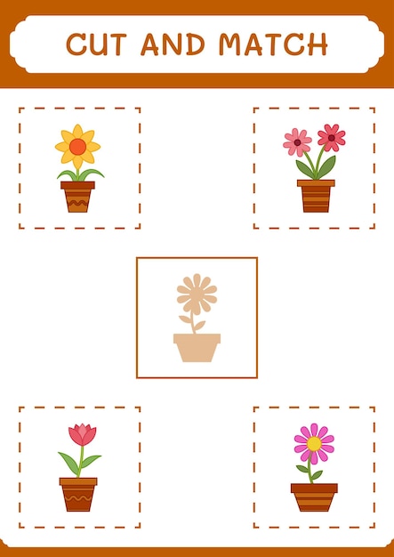 Cortar y unir partes del juego de flores para niños hoja de trabajo imprimible de ilustración vectorial