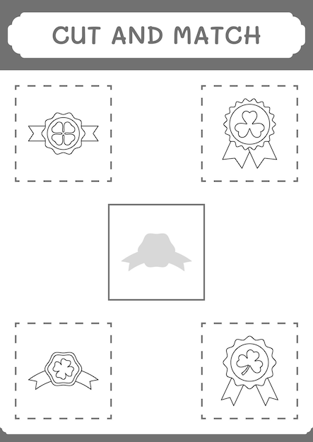 Cortar y unir partes del juego de insignias clover para niños hoja de trabajo imprimible de ilustración vectorial