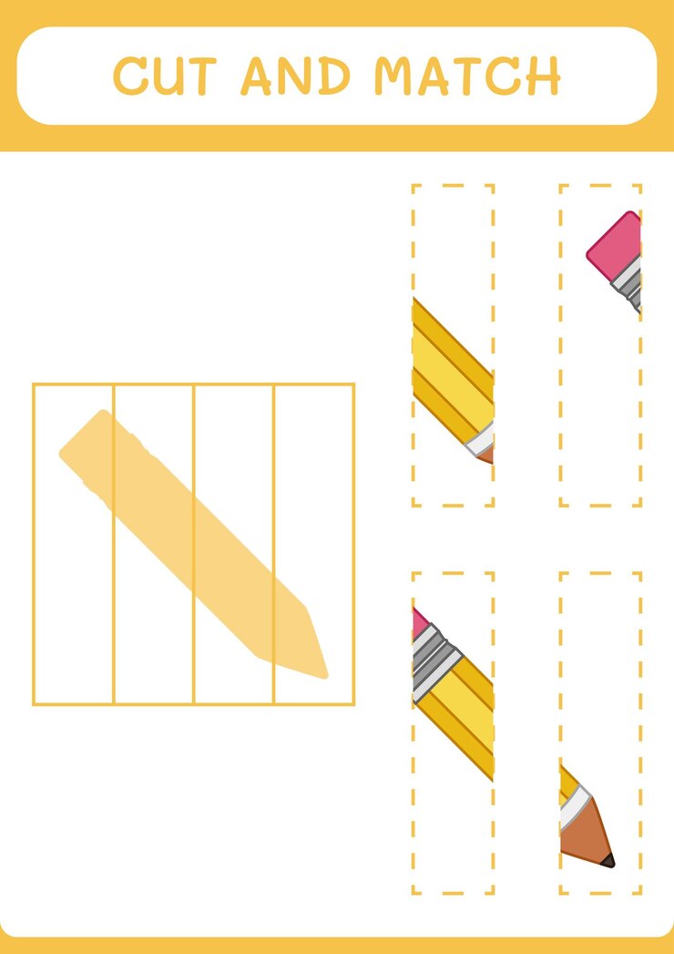 Vector cortar y unir partes del juego de lápiz para niños hoja de trabajo imprimible de ilustración vectorial