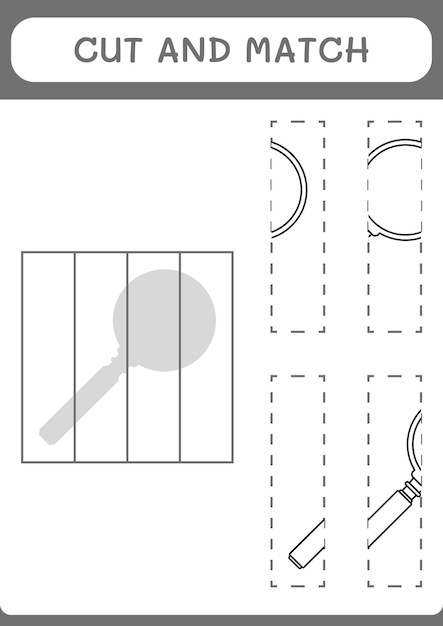 Cortar y unir partes del juego de lupa para niños hoja de trabajo imprimible de ilustración vectorial