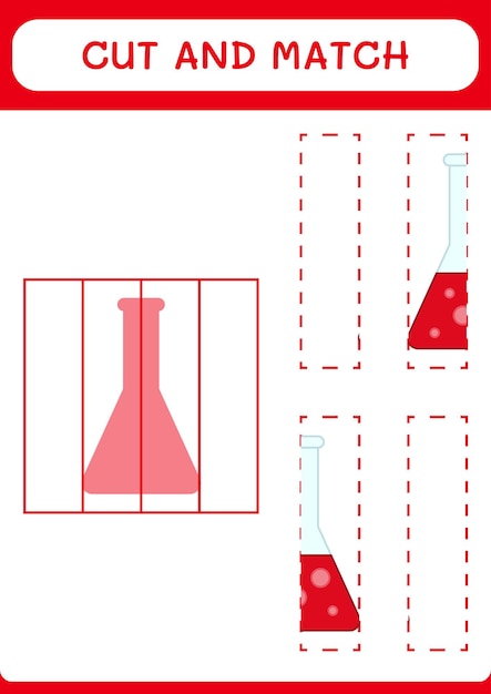 Cortar y unir partes del juego de matraces de química para niños hoja de trabajo imprimible de ilustración vectorial