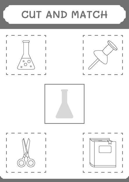 Cortar y unir partes del juego de matraces de química para niños Hoja de trabajo imprimible de ilustración vectorial