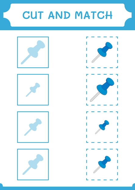 Cortar y unir partes del juego Push pin para niños Hoja de trabajo imprimible de ilustración vectorial