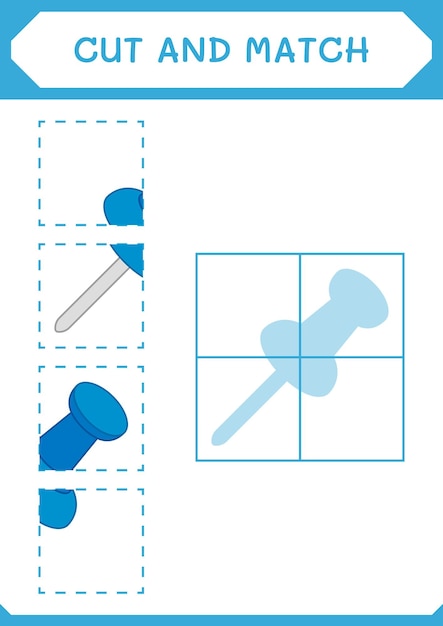 Cortar y unir partes del juego Push pin para niños Hoja de trabajo imprimible de ilustración vectorial