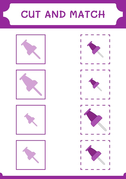 Cortar y unir partes del juego Push pin para niños Hoja de trabajo imprimible de ilustración vectorial