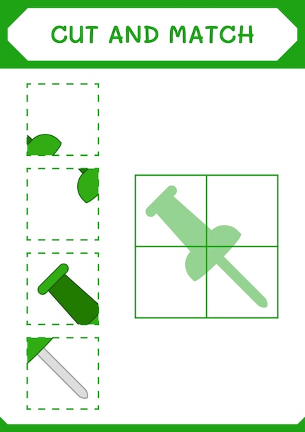 Cortar y unir partes del juego Push pin para niños Hoja de trabajo imprimible de ilustración vectorial