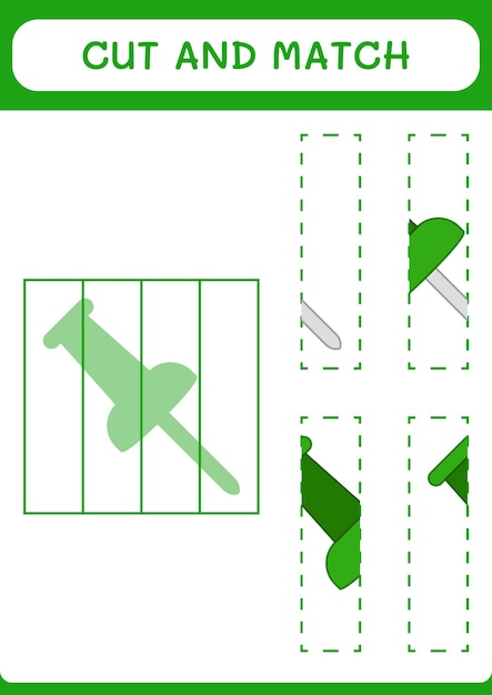 Cortar y unir partes del juego Push pin para niños Hoja de trabajo imprimible de ilustración vectorial