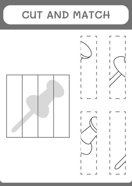 Cortar y unir partes del juego push pin para niños hoja de trabajo imprimible de ilustración vectorial