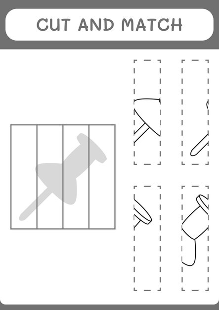 Cortar y unir partes del juego Push pin para niños Hoja de trabajo imprimible de ilustración vectorial