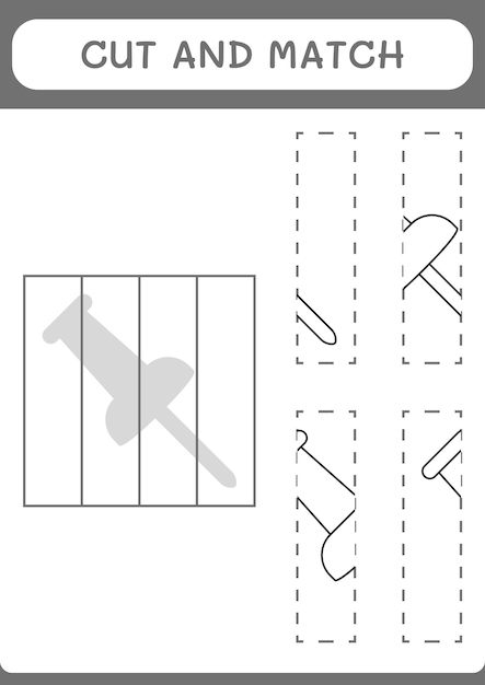 Cortar y unir partes del juego Push pin para niños Hoja de trabajo imprimible de ilustración vectorial