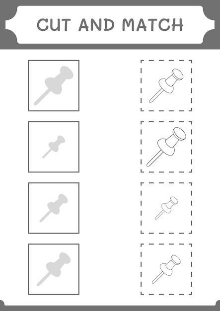 Cortar y unir partes del juego Push pin para niños Hoja de trabajo imprimible de ilustración vectorial