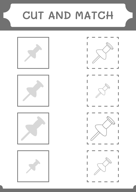 Cortar y unir partes del juego Push pin para niños Hoja de trabajo imprimible de ilustración vectorial