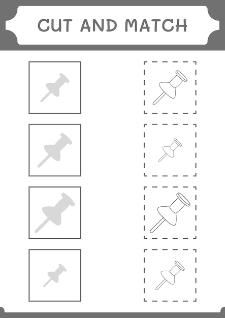 Cortar y unir partes del juego push pin para niños hoja de trabajo imprimible de ilustración vectorial