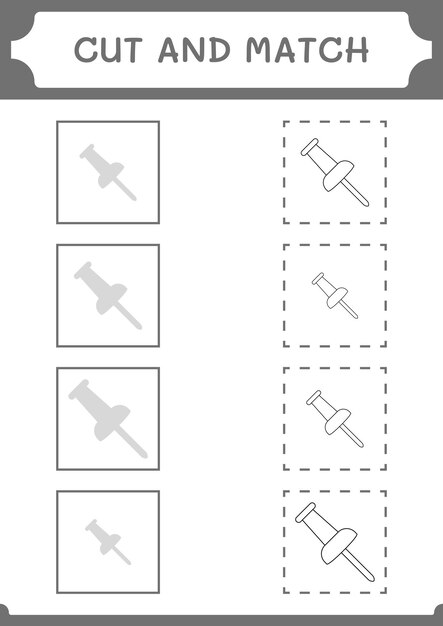 Cortar y unir partes del juego Push pin para niños Hoja de trabajo imprimible de ilustración vectorial