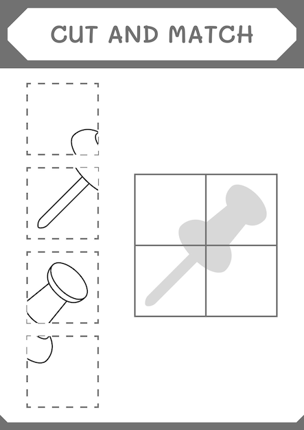 Cortar y unir partes del juego Push pin para niños Hoja de trabajo imprimible de ilustración vectorial