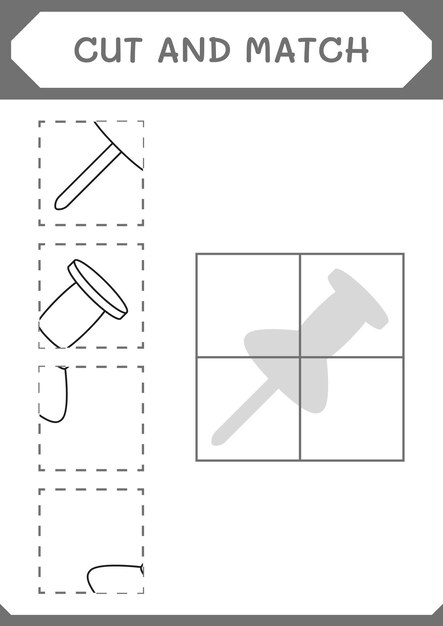Cortar y unir partes del juego Push pin para niños Hoja de trabajo imprimible de ilustración vectorial