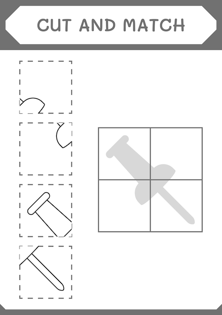 Cortar y unir partes del juego Push pin para niños Hoja de trabajo imprimible de ilustración vectorial