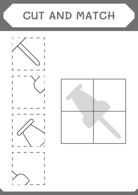 Cortar y unir partes del juego Push pin para niños Hoja de trabajo imprimible de ilustración vectorial