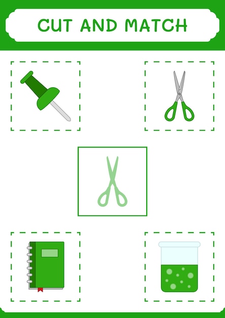 Cortar y unir partes del juego scissor para niños hoja de trabajo imprimible de ilustración vectorial