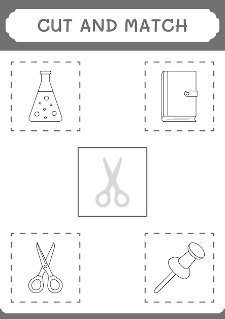 Cortar y unir partes del juego scissor para niños hoja de trabajo imprimible de ilustración vectorial