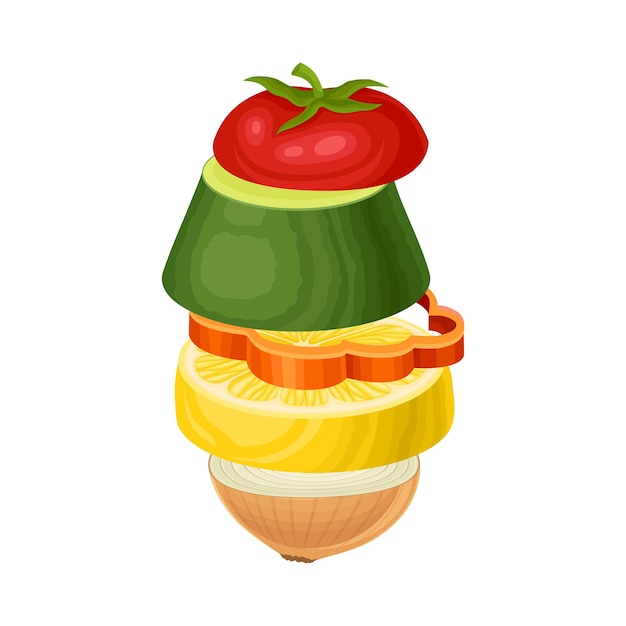 Cortar verduras y frutas dispuestas en pilas aisladas en una ilustración vectorial de fondo blanco