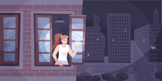 Vector corte de energía composición de la ciudad chica mira por la ventana por la noche con una vela y la ciudad ha perdido energía ilustración