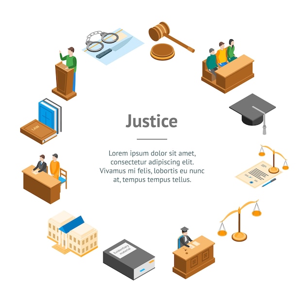 Corte de justicia 3d Banner Tarjeta Círculo Vista isométrica Incluye escala de esposas de abogado e ilustración de vector de documento