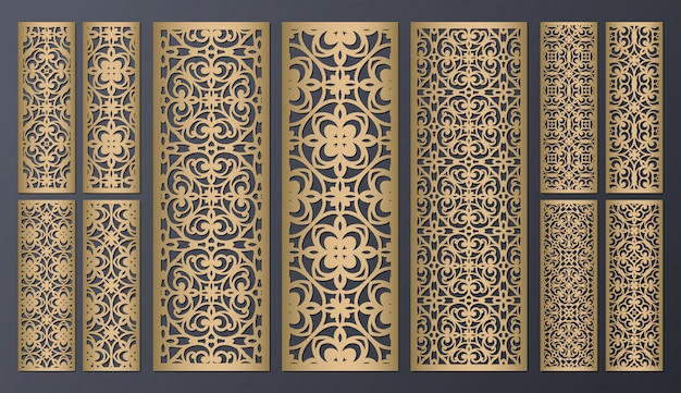 Corte con láser de encaje decorativo patrones de bordes. Conjunto de plantillas de marcadores. Gabinete panel calado. Panel de metal cortado con láser. Talla de madera