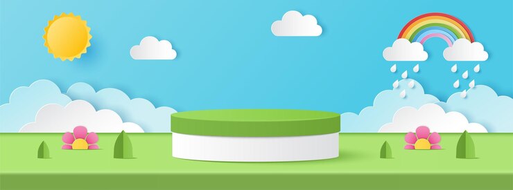 Vector corte de papel de banner de verano con podio de cilindro blanco y verde con arco iris de nubes solares