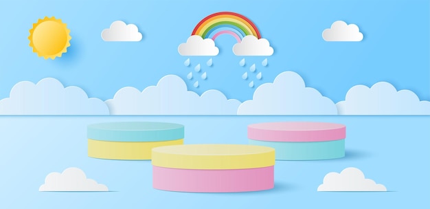 Vector corte de papel de banner de verano con podio de cilindro de color pastel para presentación de productos con arco iris de nubes solares y gotas de lluvia ilustración vectorial