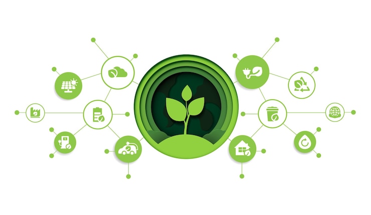 Vector corte de papel de ecotecnología o concepto de tecnología ambiental ciudad verde moderna y hoja de planta que crece dentro de estilo de vida urbano ecológico con iconos sobre el diseño vectorial de conexión de red