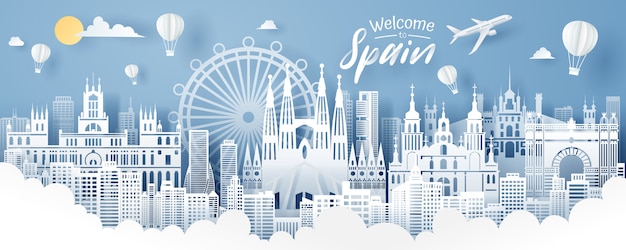 Corte de papel de España hito, viajes y turismo concepto.