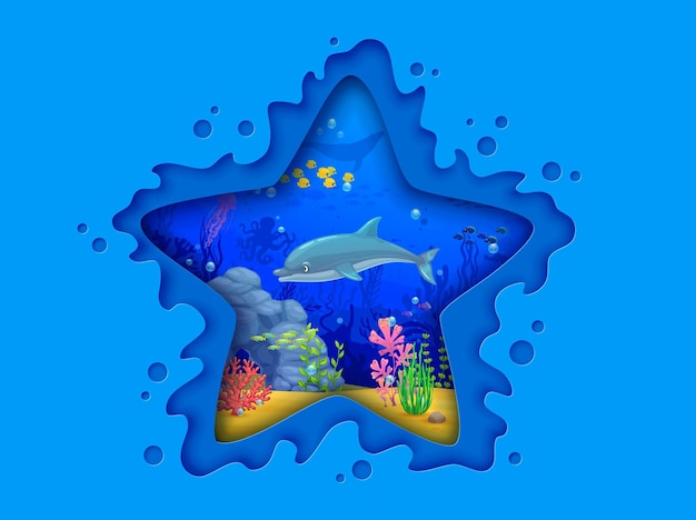 Vector corte de papel de estrella de mar con paisaje submarino