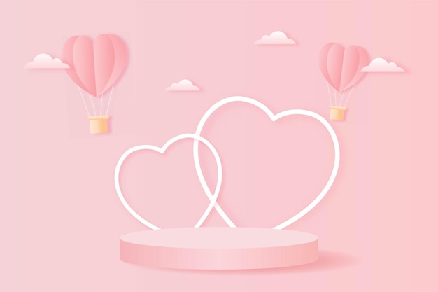 corte de papel feliz día de san valentín concepto. paisaje con nubes, globos de aire caliente en forma de corazón volando y podio de forma geométrica en estilo de arte de papel de fondo de cielo rosa.