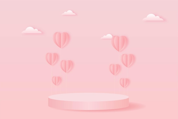 corte de papel feliz día de san valentín concepto. paisaje con nubes, globos en forma de corazón y podio de forma geométrica en estilo de arte de papel de fondo de cielo rosa.