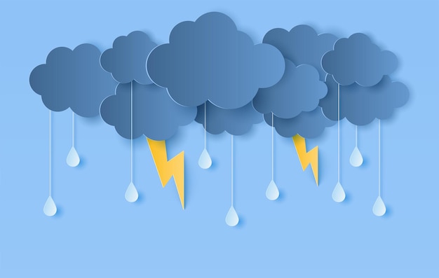 Vector corte de papel de nubes y gotas de lluvia con relámpagos sobre fondo oscuro púrpura ilustración vectorial