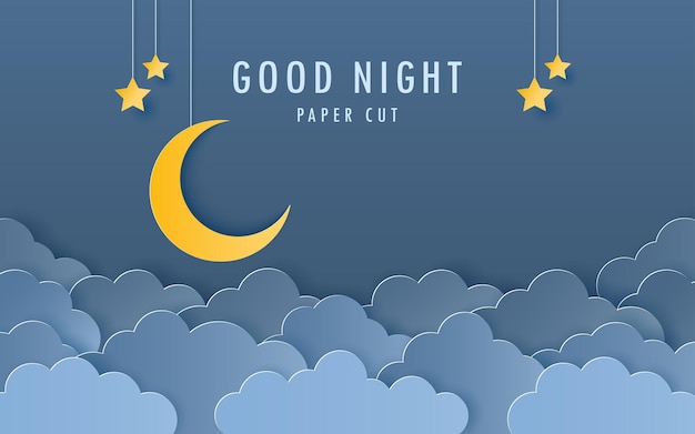 Vector corte de papel de nubes nocturnas y luna creciente con estrella fugaz sobre fondo azul oscuro dulce sueño y concepto de buenas noches tarjeta de felicitación de la fiesta de bienvenida al bebé ilustración vectorial