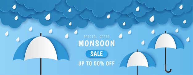 Corte de papel de plantilla de banner de oferta de venta de monzón con gotas de lluvia de nubes y lindo paraguas en azul